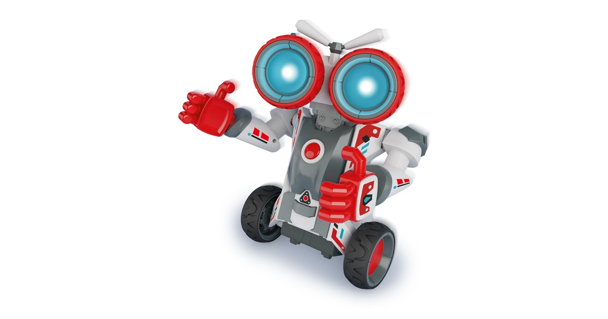 Sam Bot de Xtrem Bots montado, con dos grandes ojos luminosos y ruedas.