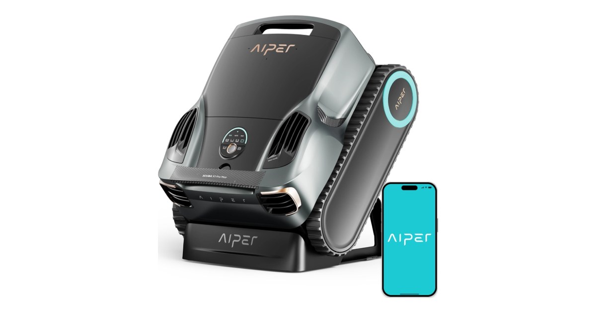 Render del Aiper Scuba X1 Pro Max gris sobre su base de carga junto a un móvil
