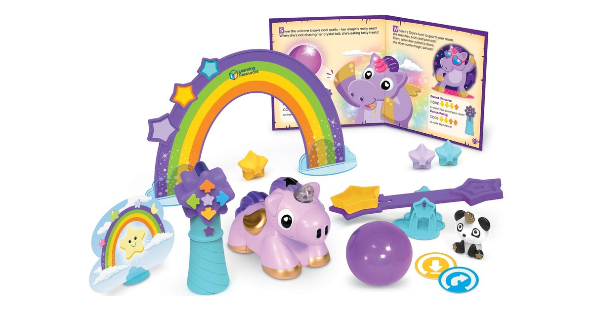 Unicornio robótico lila Skye con varita azul, tarjetas y accesorios de juego