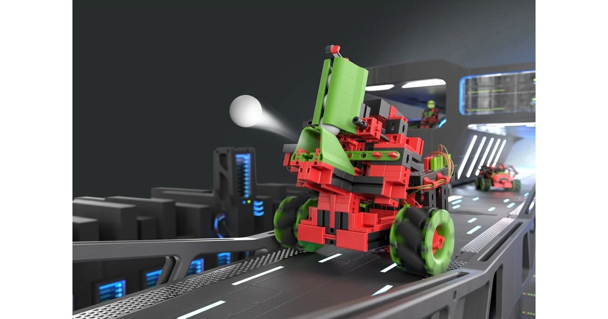 Vehículo de Smart Robots Max con ruedas omnidireccionales y piezas verdes y rojas.