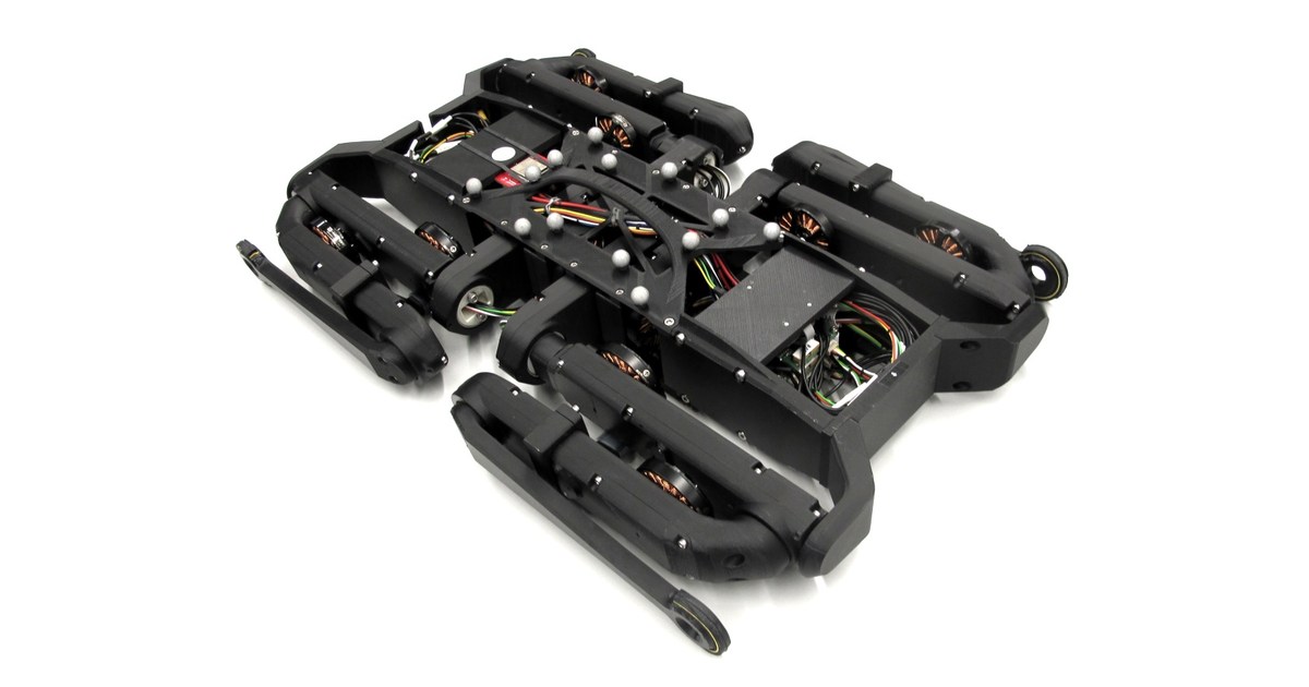 Fotografía oficial de Solo12 con las patas plegadas, publicada por Open Dynamic Robot Initiative.