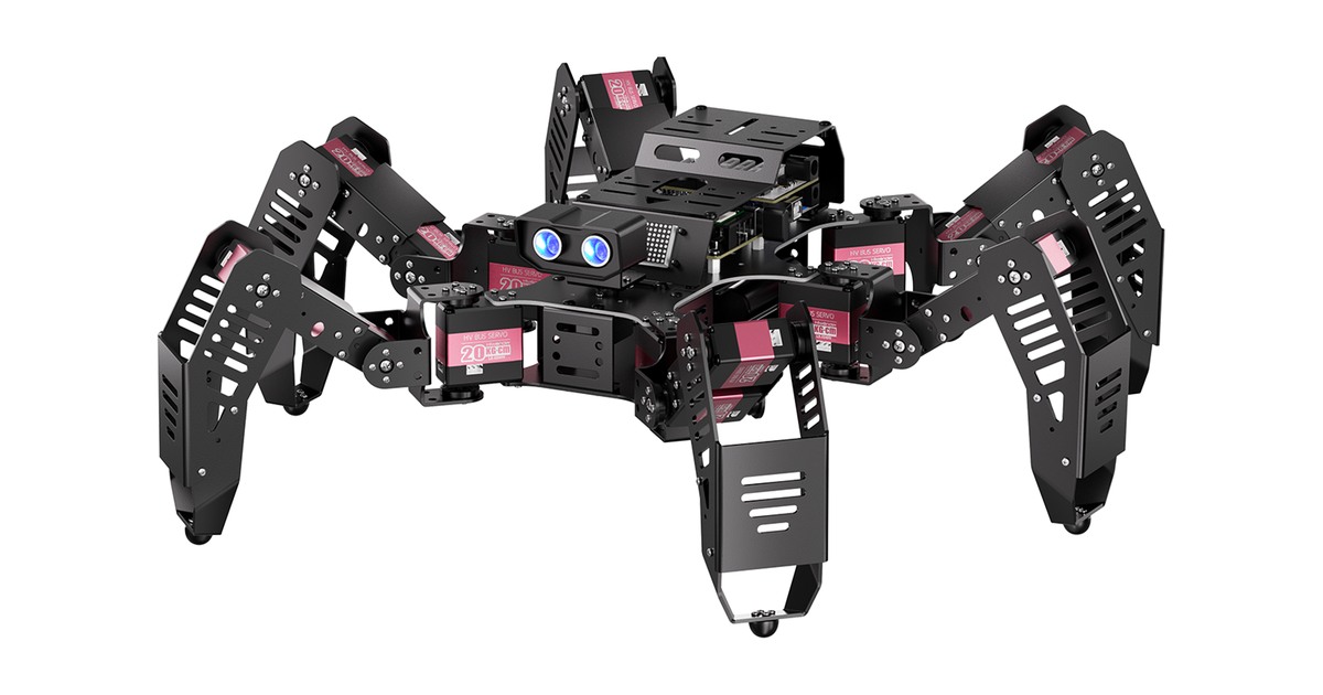 Spiderbot de Hiwonder con seis patas negras y estructura metálica.