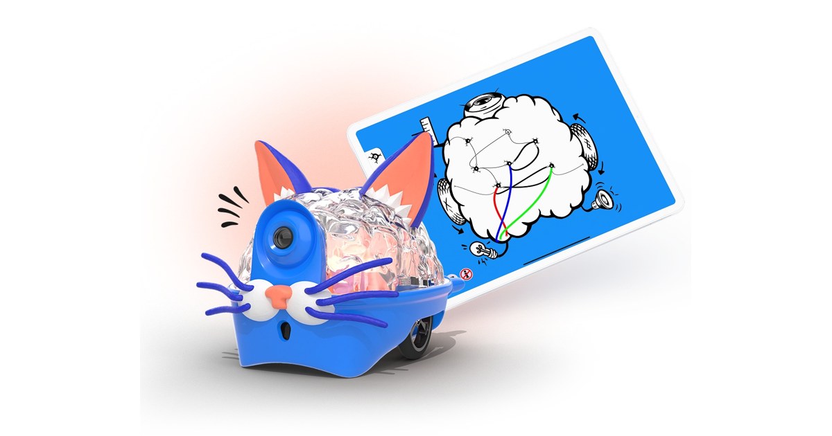 Imagen promocional oficial de SpikerBot completo con ruedas, carcasa azul y sensores, junto a una ilustración de un cerebro.