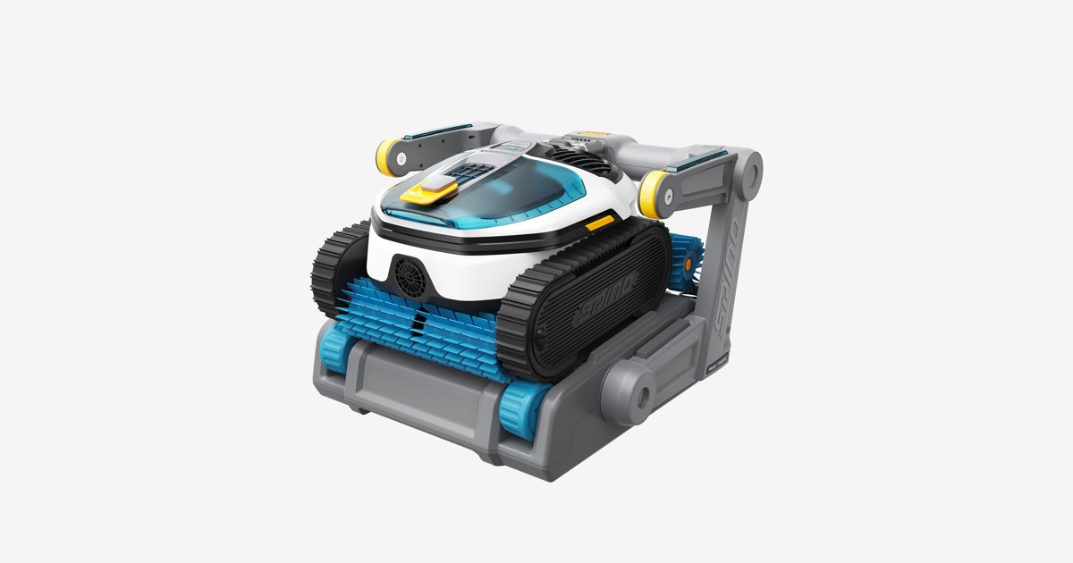 Render oficial de MAMMOTION SPINO S1 Pro con su estación para salir de la piscina y cargarse.
