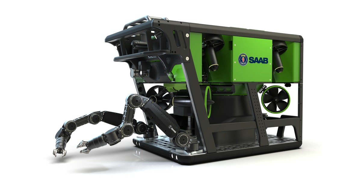 Render oficial del SR20 de Saab Seaeye equipado con manipuladores eléctricos.