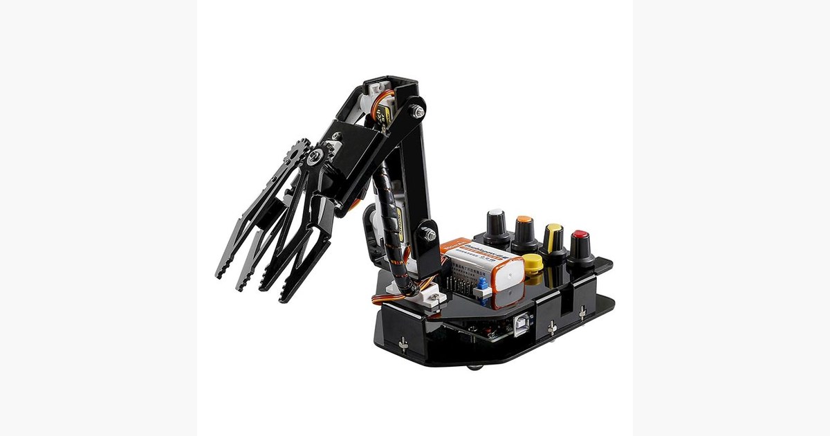 Imagen oficial del Robot Arm Kit for Arduino de SunFounder con pinza y mandos.