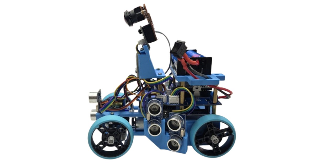 Fotografía del equipo Superiores de su coche robot completo, con chasis azul impreso, cuatro ruedas y cámara elevada.