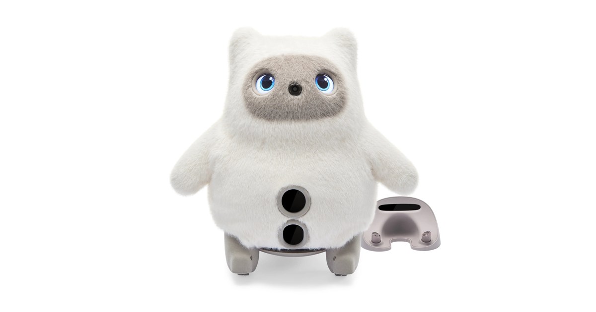 Imagen oficial de Noa, uno de los SwitchBot KATA Friends, junto a su base.