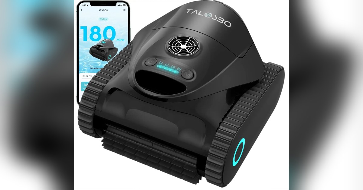 Render promocional oficial de Talosbo C1 completo, con orugas y carcasa oscura, junto a un teléfono que muestra la aplicación.