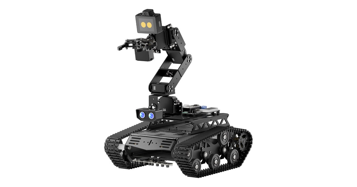 Tankbot negro de orugas con brazo articulado y pinza