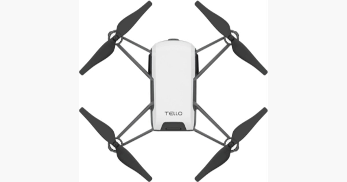Vista superior del dron Tello de Ryze Robotics, con carcasa blanca y cuatro hélices.
