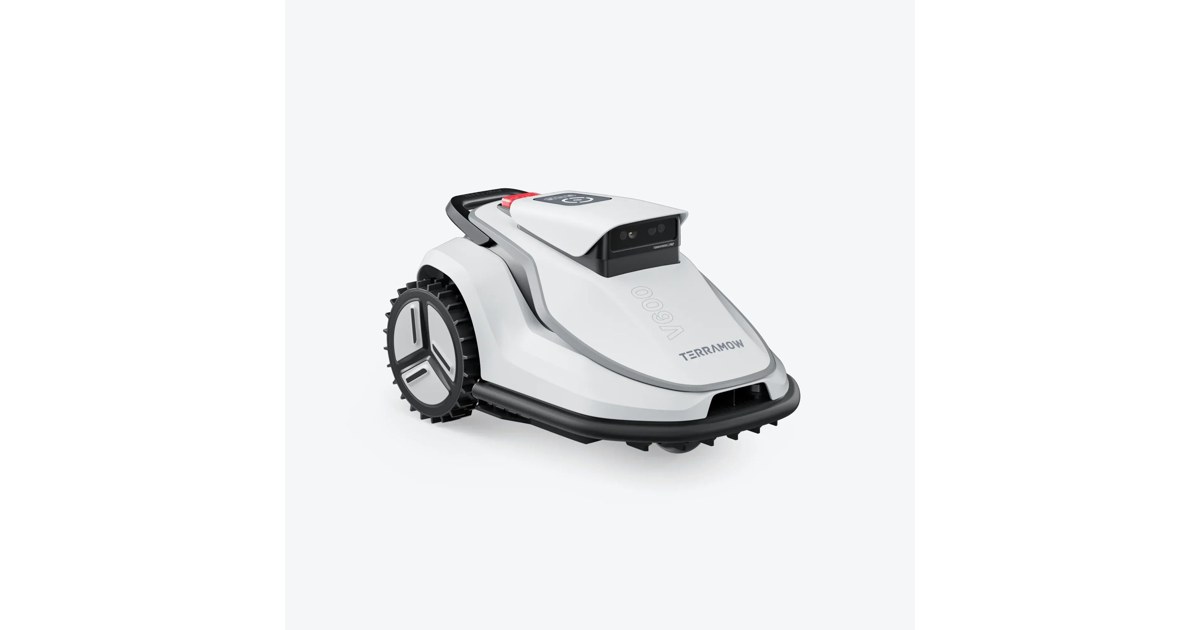 Render oficial del TerraMow V600 con cámaras frontales y carcasa blanca y negra.