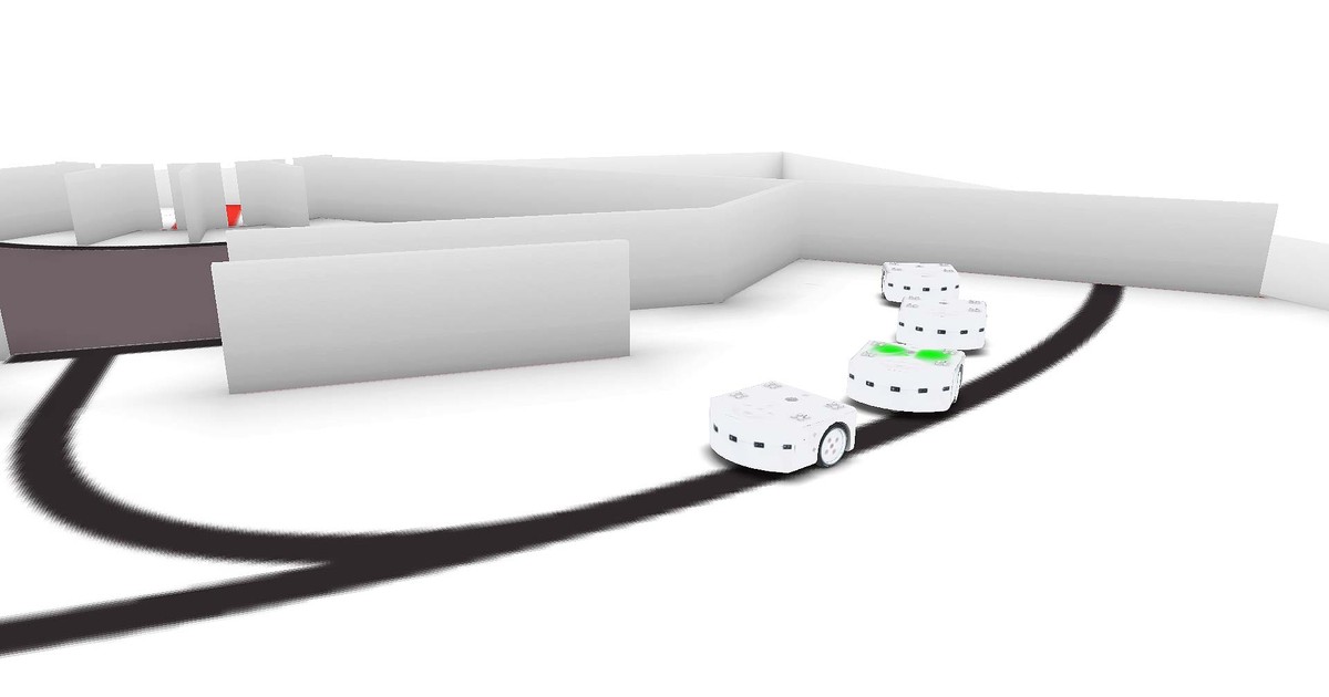 Imagen técnica oficial del simulador de Thymio: cuatro robots virtuales sobre una línea negra, junto a paredes y obstáculos blancos.
