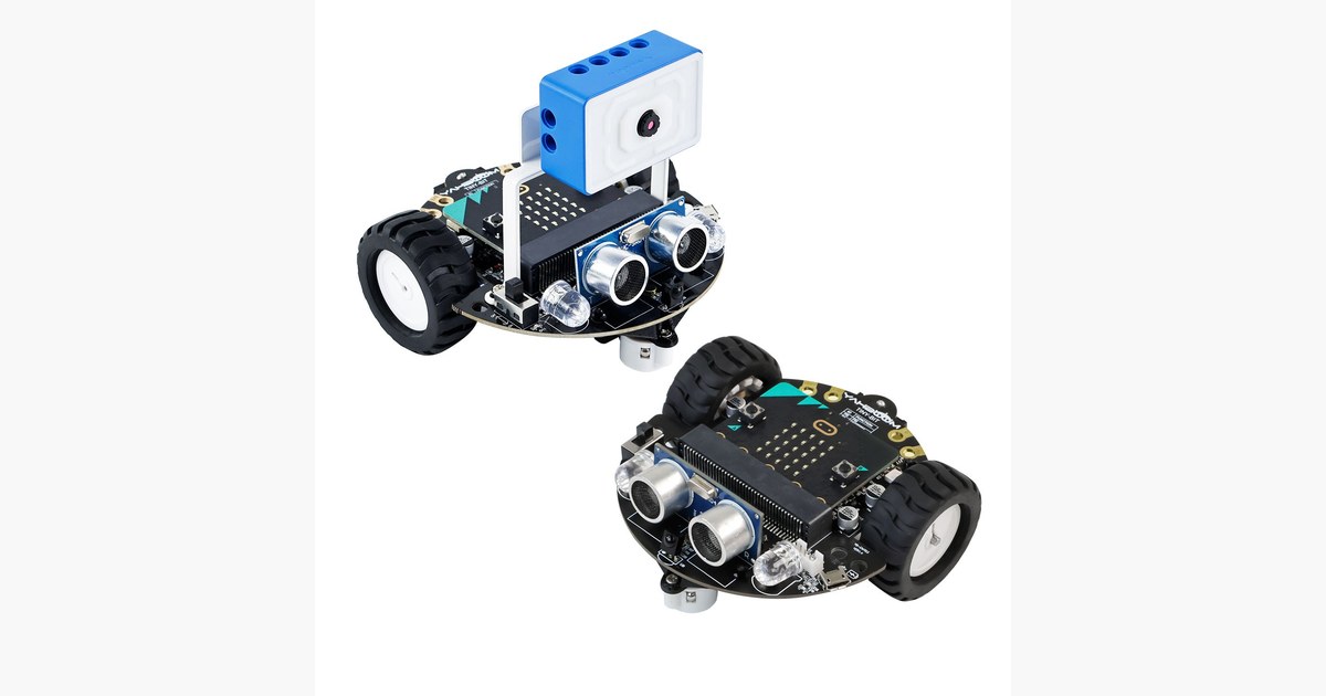 Imagen oficial del Tiny:bit con micro:bit y su chasis compacto.