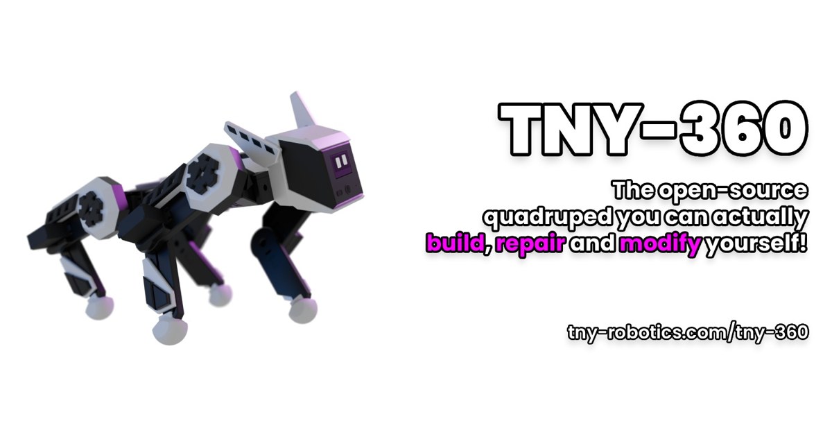 Render promocional oficial de TNY-360 completo, con cuatro patas articuladas y cabeza con pantalla, junto al logotipo del proyecto.