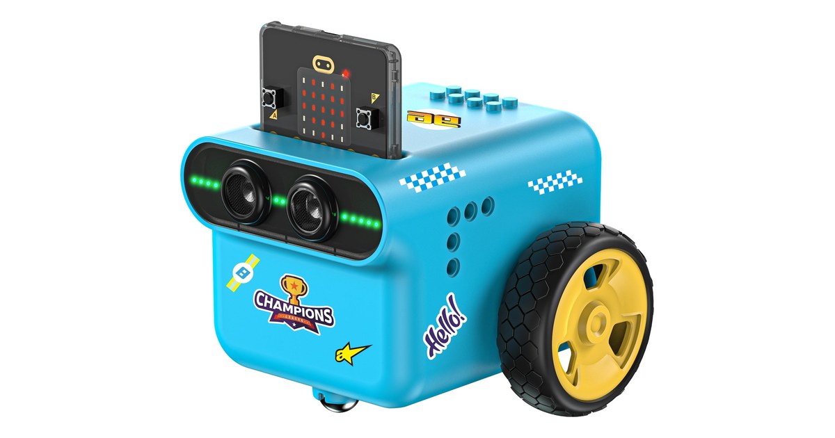 TPBot EDU azul con ruedas amarillas y una placa micro:bit instalada en la parte superior