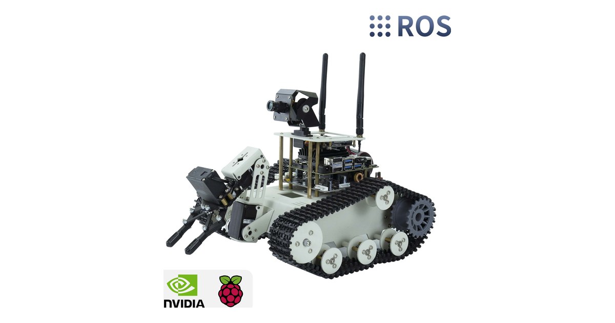 Robot Transbot SE gris con orugas, brazo y cámara orientable, en una imagen comercial de Yahboom con logotipos de plataformas