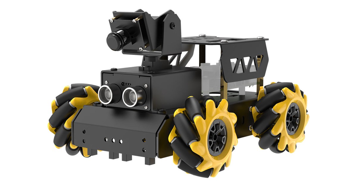 TurboPi negro con cuatro ruedas Mecanum amarillas, cámara móvil y sensor ultrasónico
