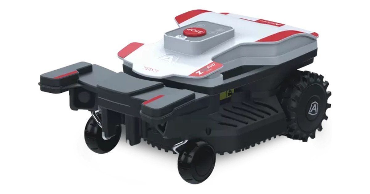 Robot cortacésped Ambrogio Twenty ZR EVO blanco, rojo y negro con ruedas traseras de gran tamaño
