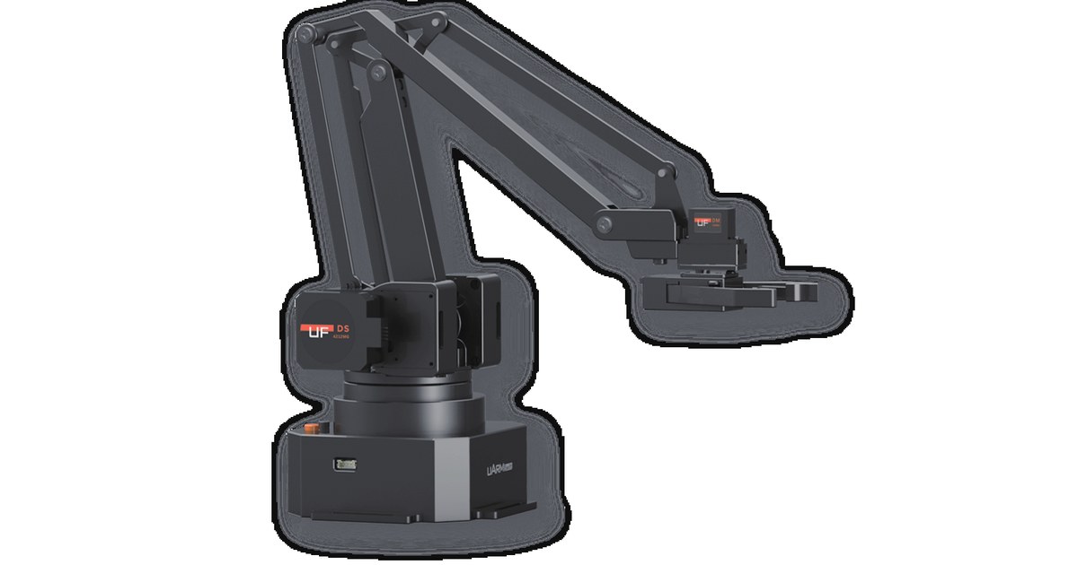 Render oficial de uArm Swift Pro con pinza, extraído del folleto de UFACTORY.
