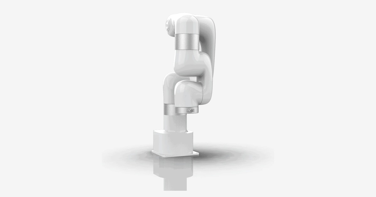 Fotograma de la animación oficial del UFACTORY Lite 6 completo, con el brazo plegado.