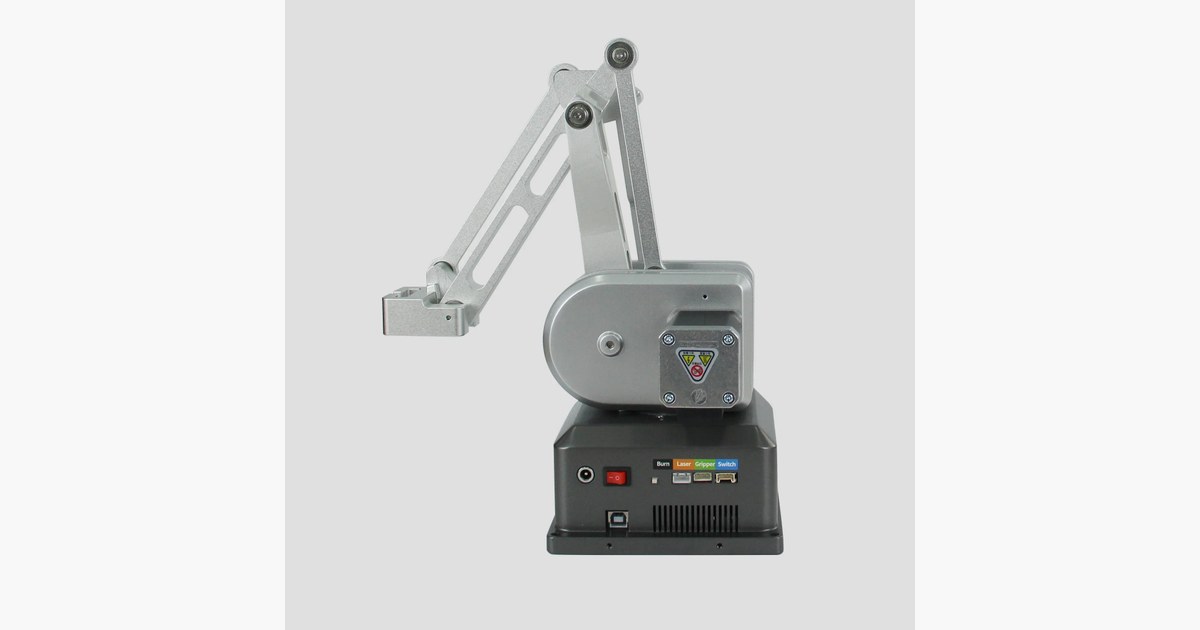 Imagen oficial del ultraArm P340 metálico, con su base de sobremesa y el brazo extendido.