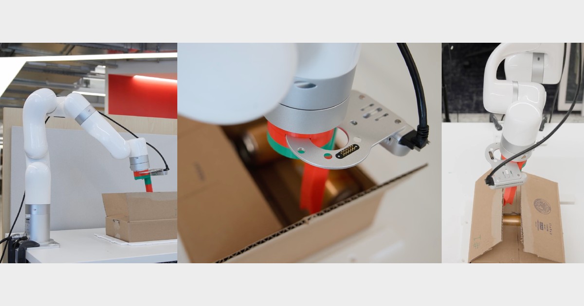 Montaje fotográfico oficial de BoxBot en el laboratorio de Viam: un brazo blanco sobre una caja y dos detalles de su herramienta roja entre las solapas.