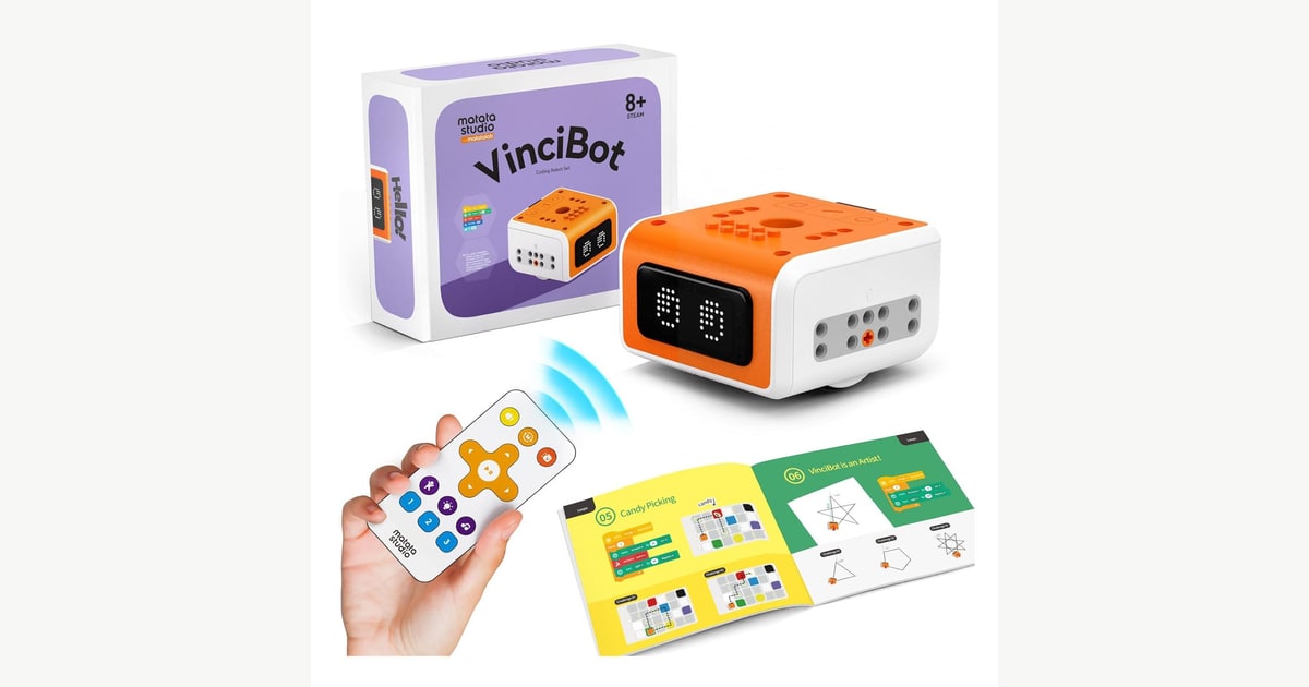 VinciBot con el mando, el rotulador y los materiales de su kit de programación