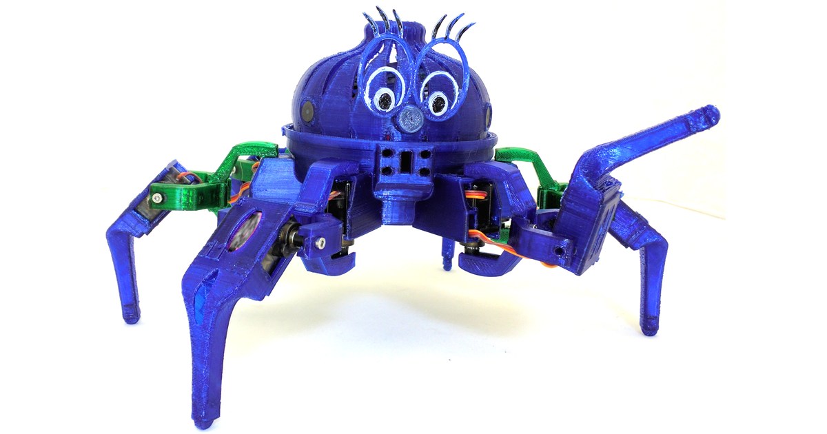 Hexápodo Vorpal azul y verde de cuerpo completo con una pata levantada.