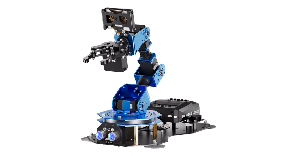 Brazo azul xArm AI de Hiwonder con pinza, módulo de visión y sensor ultrasónico frontal