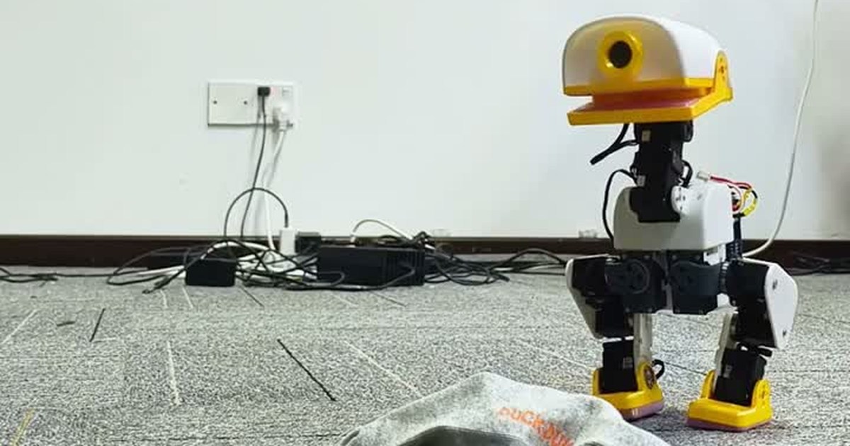 Fotograma oficial de XGO-Duck blanco y amarillo, de pie sobre una alfombra junto a una gorra y con la electrónica visible