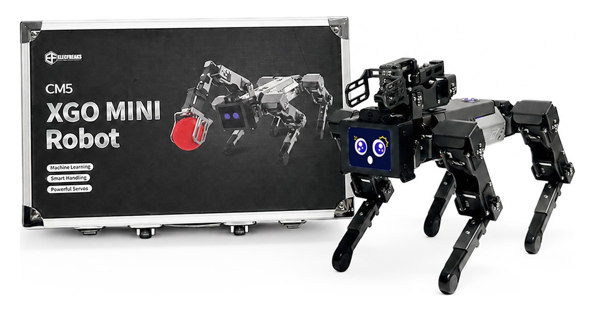 XGO Mini CM5 negro con cuatro patas y brazo superior, junto a su caja oficial de ELECFREAKS