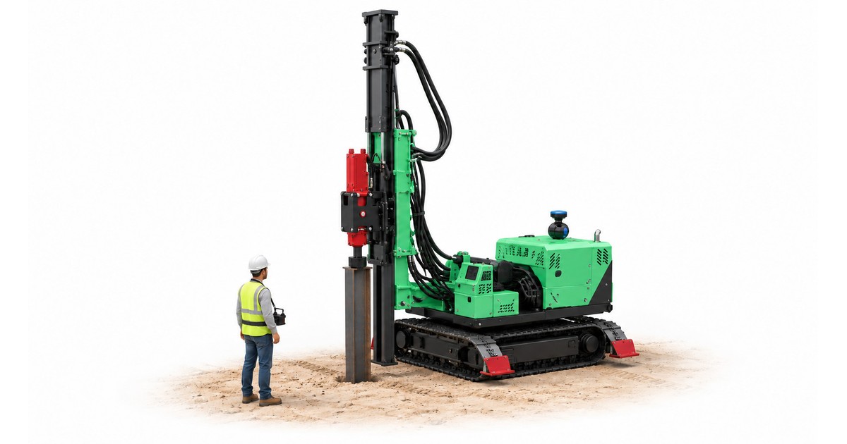 Imagen oficial de Xpanner: máquina verde X1 Piling R6 sobre orugas, con el mástil elevado y un operario con mando a distancia a su lado.