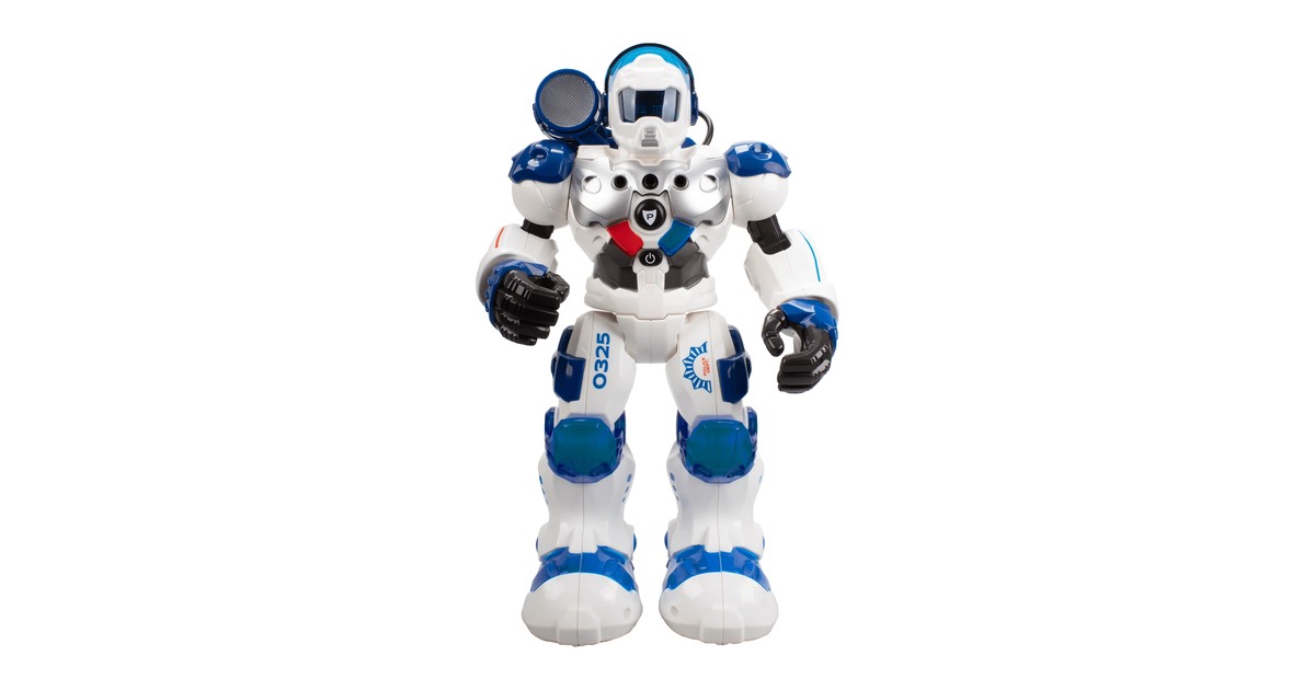 Patrol de Xtrem Bots, blanco y azul, con linterna en un brazo.