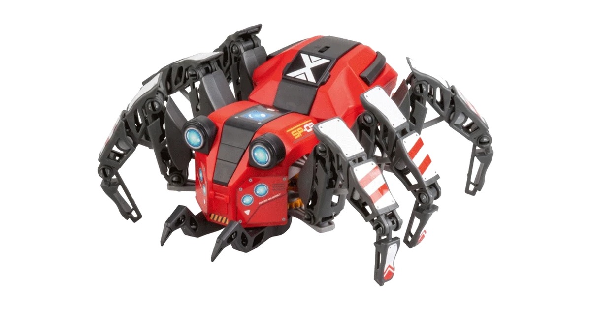 Spider Bot rojo y negro con seis patas articuladas.