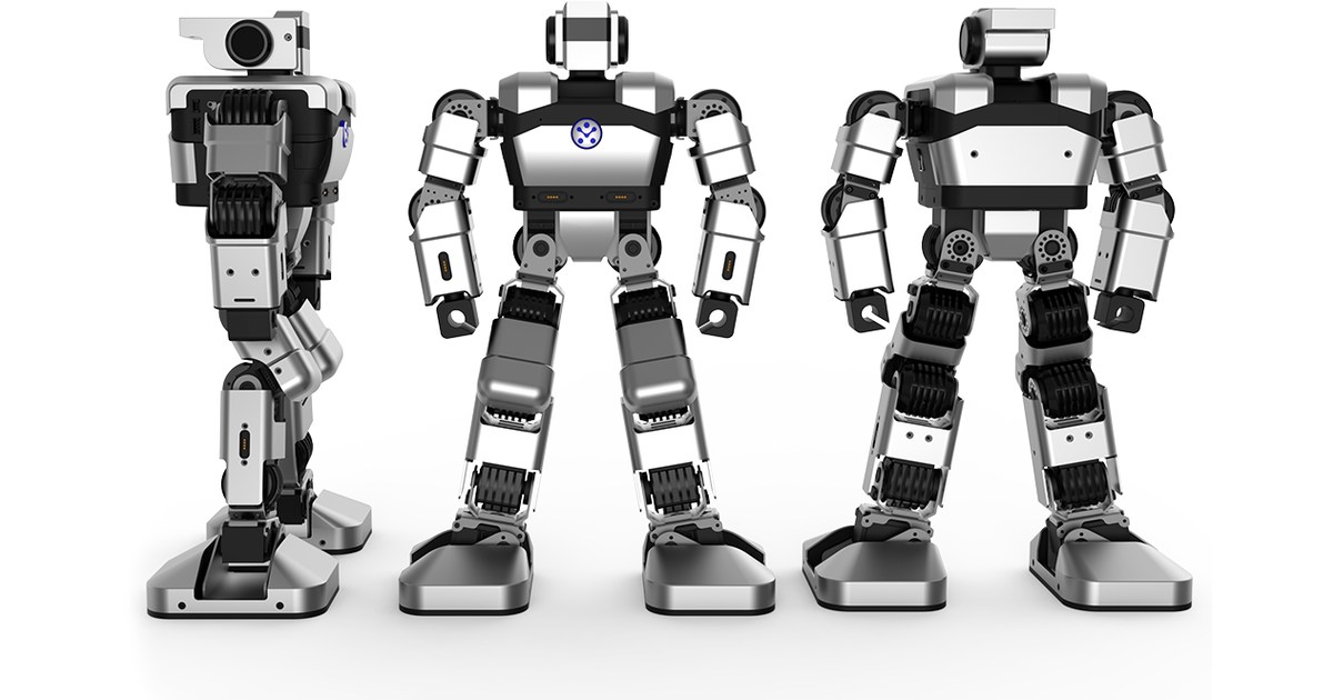 Render oficial de Yanshee de UBTECH visto de lado, frente y espalda, con cuerpo completo.