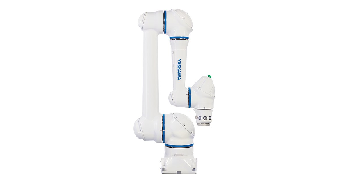 Render oficial del cobot Yaskawa HC10DTP blanco con aros azules en sus articulaciones