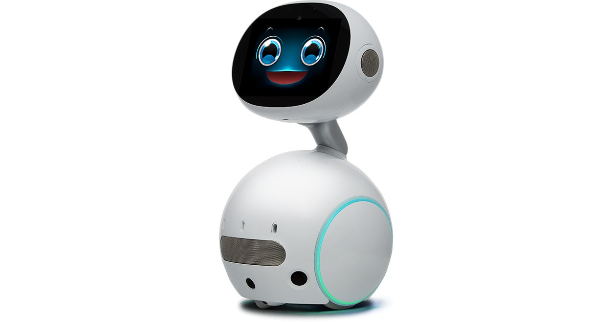 Zenbo Junior blanco con pantalla facial oscura, cuello corto y base redondeada.