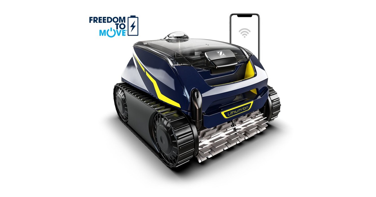 Zodiac Freerider RF 5400 iQ azul y amarillo con cepillos frontales.