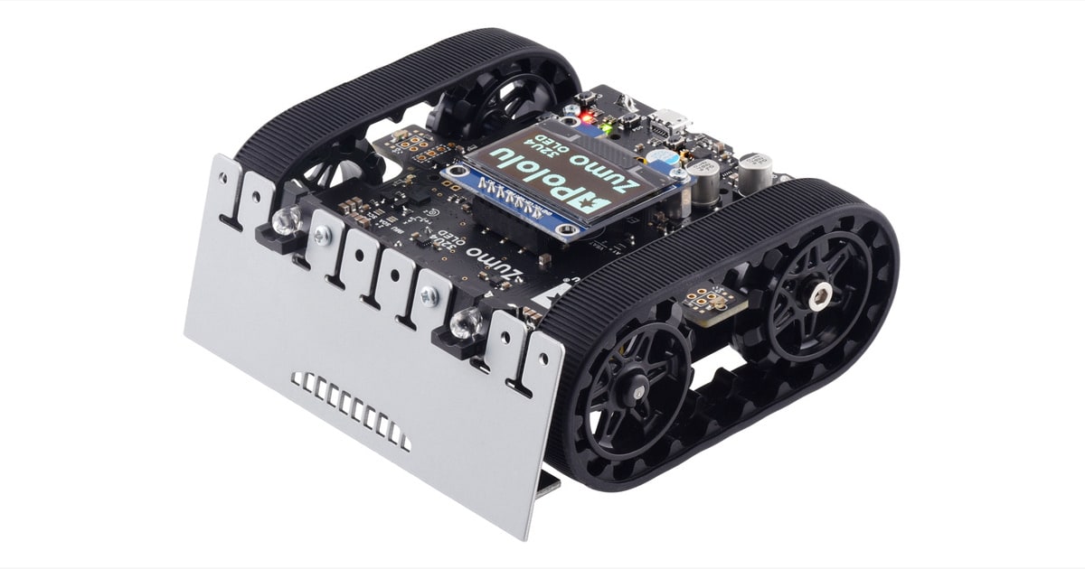 Zumo 32U4 OLED de Pololu con orugas, pala frontal y pantalla sobre la placa