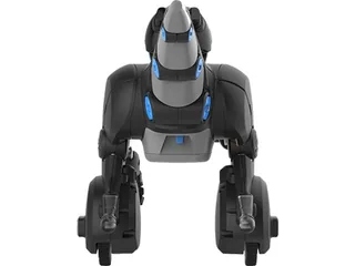 Miposaur de WowWee, dinosaurio robótico gris y azul apoyado sobre dos ruedas.