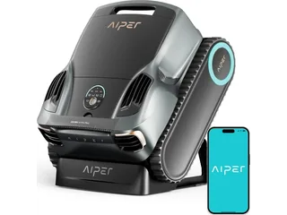 Render del Aiper Scuba X1 Pro Max gris sobre su base de carga junto a un móvil