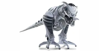 Roboraptor X, dinosaurio robótico gris con cola larga y dos patas mecánicas.