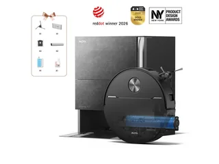 Render oficial del MOVA Z70 Ultra Roller Complete junto a su estación con acabado de piedra.
