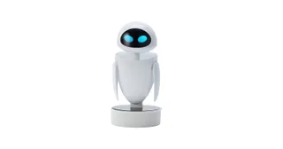 EVE Mini de Robosen, blanca con ojos azules iluminados sobre un soporte circular blanco