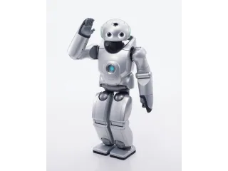 QRIO de Sony, de cuerpo entero, saludando con la mano derecha.