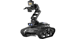 Tankbot negro de orugas con brazo articulado y pinza