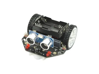 Maqueen Lite de DFRobot con chasis negro, dos ruedas y módulo ultrasónico frontal, sin placa micro:bit instalada