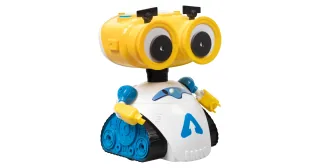 Andy de Xtrem Bots con cabeza amarilla y cuerpo blanco y azul.