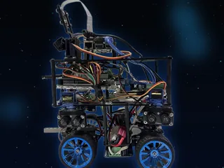 Fotografía del equipo RoboPegasus de su vehículo completo, con cuatro ruedas azules, cámara elevada y sensores laterales.